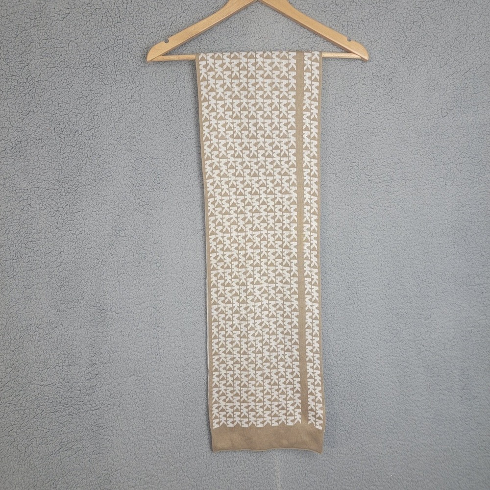 Michael Kors Scarf MK Monogram Reversible Tan Beige White Knit Logo